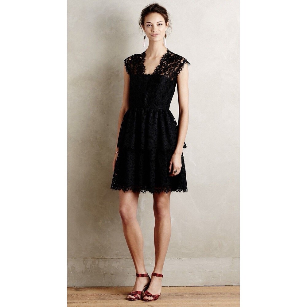 Anthropologie Shoshanna Solenne Lace Peplum Black Cocktail Dress Size 8